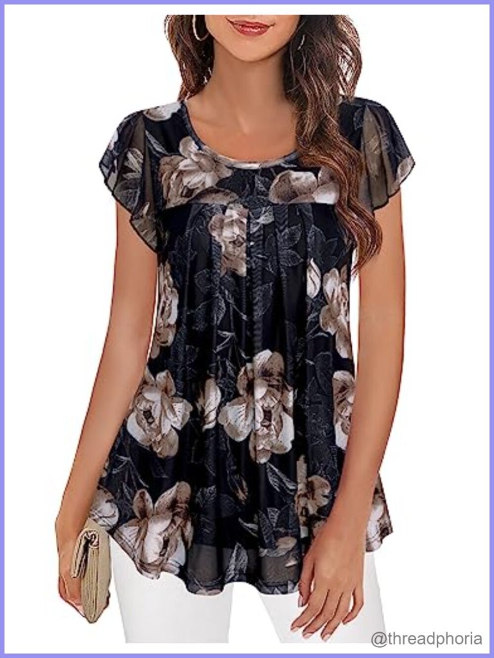 Women's Pleated Mesh Tunic Blouse Ruffle Sleeve Floral Top